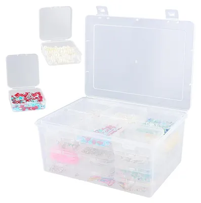 Produktbild von 24 Kleine Aufbewahrungsboxen mit Deckel (7x7x2,5cm) und großer Sortierbox (24,5x18x11cm) aus klarem Kunststoff für Schmuck und Bastelmaterial