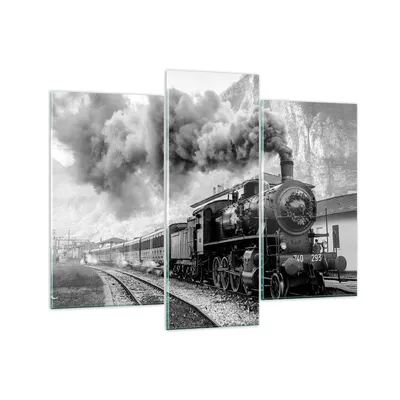 Produktbild von Bilder auf glas - 3 Teile - Zug Schwarzweiß Rauch - 130x100cm - Glasbilder - Wandbilder - Bilder - zum Aufhängen bereit - Wanddekoration aus Glas - Glas Bilder - Wandbild auf Glas - GCB130x100-4315