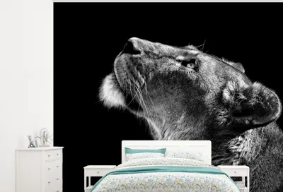 Produktbild von MuchoWow® Fototapete für Wohnzimmer oder Schlafzimmer Wandtapete Vinyl Motivtapete Löwe - Tiere - Schwarz und weiß - 275x220 cm - Gemustert