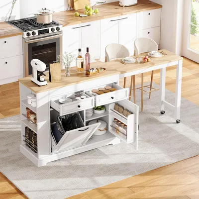 Zdjęcie produktu dla Wyspa kuchenna na kółkach, rozkładana, wymiary 116x45x92 cm. Mobilny blat kuchenny z pojemnikiem na śmieci, szufladami i jako wózek serwowy. Kolor: biały, naturalny