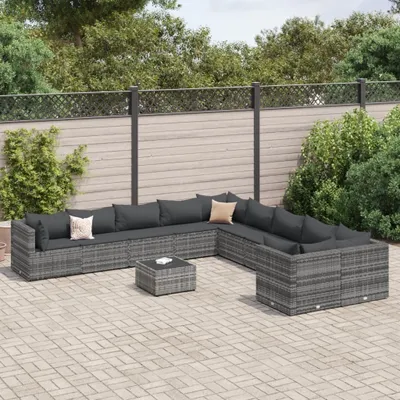 Produktbild von Design 11-tlg. Garten-Sofagarnitur mit Kissen Grau Poly Rattan, Gartenmöbel-Sets 2024 Neu