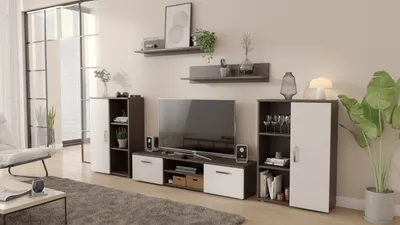Produktbild von Wohnwand Herkules Per La Vita Wenge - Weiß, Modern Schrankwand, Wohnzimmerschrank mit Hängeschrank, Sideboard und Wandregal, Wohnzimmer
