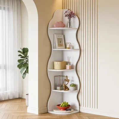 Produktbild von Tribesigns Eckregal, modernes weißes 5-stöckiges Eckregal mit geschwungener Form für kleine Wohnzimmer (Weiß, 1 Stück)