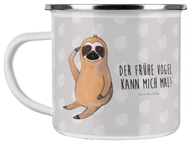 Produktbild von Mr. & Mrs. Panda Pott Faultier Vogel - Grau Pastell - Geschenk, Teetasse, Der Frühe, Emaille Tasse, Morgenmuffel, becher, Faultiere, Kaffeepott, Blechtasse