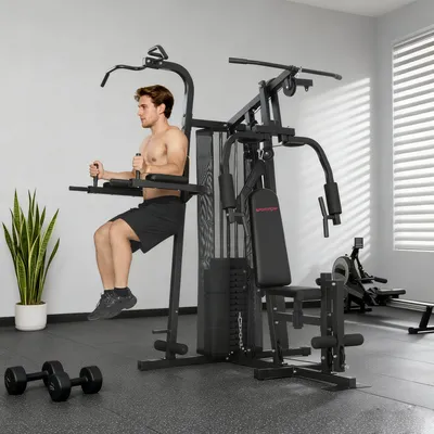 Produktbild von Multifunktions-Trainingsstation, Kraftstation Home Gym, Kabelzugstation, Schwarz | bis 120 kg belastbar | 69 kg Gewichtsblock | 250x183x213 cm