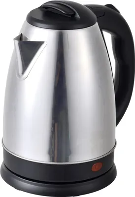 A stainless steel electric kettle with a black base and handle, shown against a white background.
