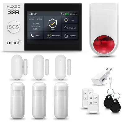 Immagine prodotto di HUXGO HXA007 Sistema di allarme per la casa, WiFi + GSM, con sirena wireless, 3 sensori di movimento e 3 sensori per porte e finestre. Sistema di allarme per appartamenti e case, compatibile con l'app Tuya