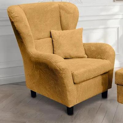 Produktbild von Ohrensessel mit Hocker Landhausstil Polster-TV-Lesesessel in Cord Gold Ockergelb / 18022