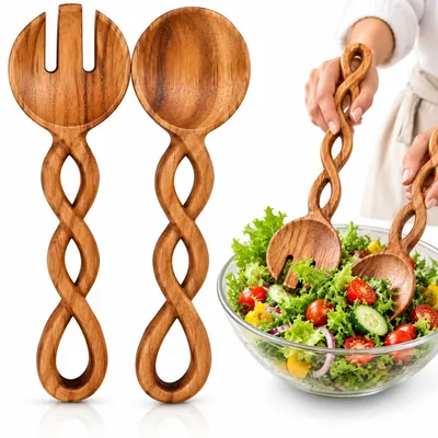 Imagen del producto de Juego de cubiertos para ensalada de madera de acacia, 30,5 cm, de 2 piezas: cuchara y tenedor para ensalada, utensilios para servir ensaladas, pastas y frutas
