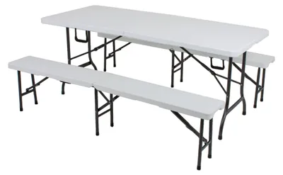 Produktbild von Bierzeltgarnitur RITA 3-teilig Tisch & 2x Bank Weiß Kunststoff | Buffettisch Gartengarnitur Klapptisch Klappbank Gartentisch