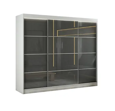 Image de Armoire Porto III 250 cm avec 3 portes coulissantes Livraison à domicile Tringle à vêtements Penderie Armoire (couleur : blanc, lacobel gris, barreaux)