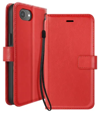 Immagine prodotto di Mayaxess, custodia portafoglio per iPhone 16e con laccetto da polso e funzione supporto, colore rosso