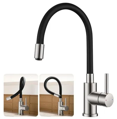 Produktbild von Küchenarmatur mit flexiblem Edelstahl-Auslauf und Wasserspar-Strahlregler, 360° schwenkbar, gebürstet