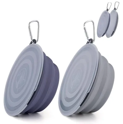 Image de 2 gamelles pliables en silicone avec couvercle, pour chiens et chats, gris/violet, grande taille