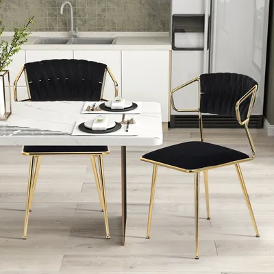 Immagine prodotto di Set di 2 sedie da pranzo in velluto con schienale intrecciato e gambe in metallo dorato, sedie da salotto, per sala da pranzo, salotto, cucina, stanza delle vanità (nero)
