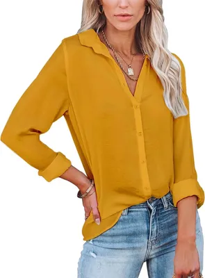 Produktbild von ASKSA Damen Langarmshirts Button Down V-Ausschnitt Einfarbig Revers Ausschnitt Blusen,Gelb,M