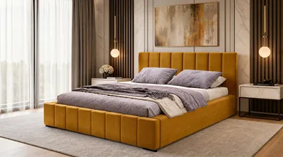 Produktbild von Nero Polsterbett 160x200 cm, Doppelbett mit Bettkasten, Velourstoff Gelb