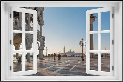 Produktbild von Wallario Wandbild mit Fenster-Illusion: Venedig - Dogenpalast, Markusplatz und San Giorgio Maggiore I, Größe: 61 x 91,5 cm, Poster mit schwarzem Aluminiumrahmen