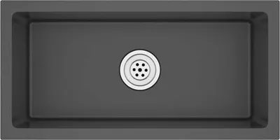A top-down view of a black stainless steel sink with a drain in the center.