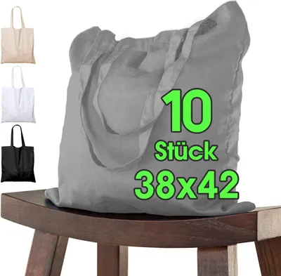 Imagen del producto de Bolsas de algodón grises, 10 unidades, 38x42 cm, con asas largas, para compras