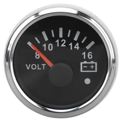 Image de Voltmètre pour bateau 52 mm, 9 à 32 V CC, à aiguille, avec rétroéclairage coloré, pour camping-cars, yachts, bateaux de pêche et navires – plaque noire, cache argenté