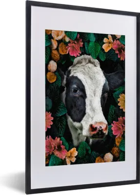 Produktbild von MuchoWow® MuchoWow® Gerahmtes Poster Kuh - Blumen - Blätter - Tiere 40x60 cm - Poster mit zchwarzem Bilderrahmen - Poster in Rahmen