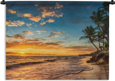 Produktbild von MuchoWow® Wandteppich Wandbehang Strand - Sonnenuntergang - Meer - Palme 90x67.5 cm Tapisserie Dekoration Wandtuch - Fototeppich - Wand-Skulpturen