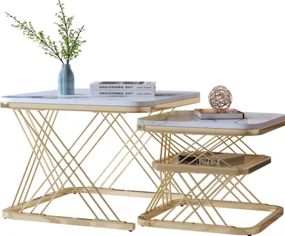 Produktbild von 2er-Set moderne quadratische Couchtische – Beistelltische mit Marmorfurnier, praktischer Stauraum für Wohnzimmer, Balkon und Büro – Metallgestell – Gold