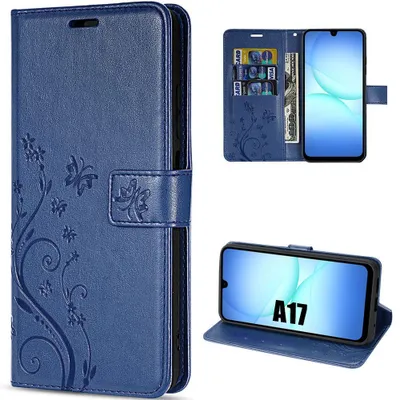 Image de Coque pour Samsung Galaxy A17 4G/5G, Protection Rabat Anti-Rayures Synthécuir Relief Floral Bleu Marine