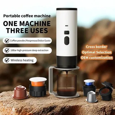 Obrázok produktu pre Prenosné príslušenstvo na kávu 3 v 1, biele – kompatibilné s nabíjačkou, prenosné cestovné príslušenstvo na kávu – 12 V espresso stroj na kapsule – zvýšená kapacita – CNC – mletá káva a šálka na kávu – vhodné na kempovanie, cestovanie, do kancelárie, do auta a domov