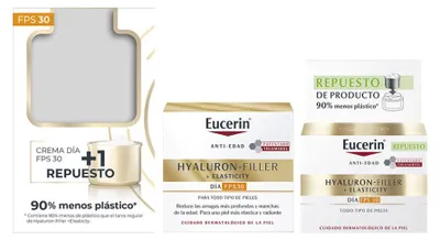 Imagen del producto de Relleno de ácido hialurónico + Crema solar diaria para mejorar la elasticidad, FPS 30 + Pack de recambio (2 unidades)
