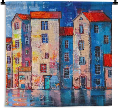 Produktbild von MuchoWow® Wandteppich Wandbehang Gemälde - Ölfarbe - Haus - Wasser 60x60 cm Tapisserie Dekoration Wandtuch - Dekorationen - Wand Decke