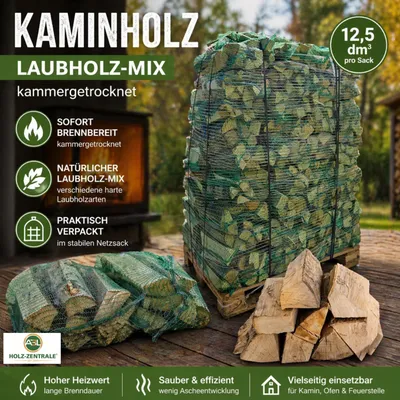 Produktbild von Kaminholz Laubholz MIX 12,5 dm³ 30-33 cm - Kiste 72 Netze -1,9 RM   – Kammergetrocknetes Brennholz für Kamin und Ofen