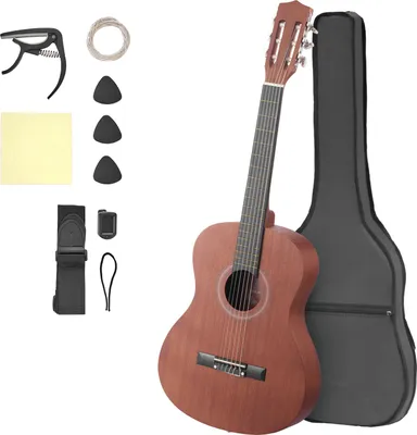Produktbild von SucceBuy Konzertgitarre, 900 mm, Starterset für klassische Gitarrenanfänger, inklusive Nylonsaiten, Tragetasche, Gurt, Stimmgerät, Ersatzsaiten, Plektren, Kapodaster, Sapeli & Palisander, Natur