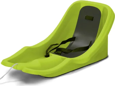 A bright green plastic baby sled with black safety straps and a white pull rope, shown against a white background.