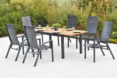 Obrázek produktu pro Sada zahradního nábytku Merxx Siros, 7dílná, 6 křesel s plynovým pístem, rozkládací stůl 150 (200) x 90 cm – akácie/hliník