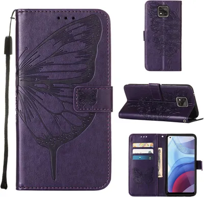 Produktbild von Moto G Power 2021 Hülle, Schmetterling Prägung Flip Leder Kartenfächer Schutzhülle Ledertasche mit Ständer für Motorola Moto G Power 2021 Lila