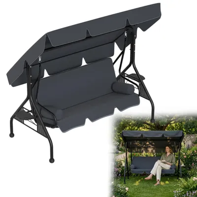 Image de Balançoire de jardin XINZI 3 places avec auvent, tables d'appoint et coussins, résistante aux intempéries, charge maximale de 350 kg, anthracite, 185 x 113 x 163 cm