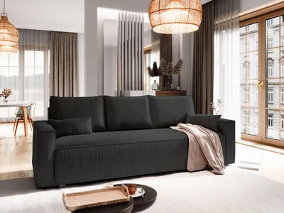 Produktbild von Sofa MENI Schwarz Kordstoff mit Schlaffunktion, Sofa mit Bettkasten, Sofa mit Bettkasten, Wohnzimmersofa, Couch, Soffa, Bettsofa, Couchgarnitur- Schwarz, POSO 135