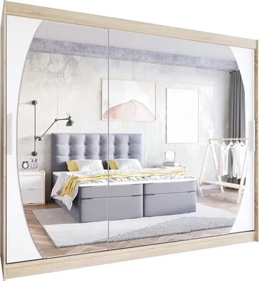Produktbild von Easy4You L5 250 cm Sonoma/Weiß Schiebetüren Kleiderschrank 250x215x58 cm mit Spiegel - Schlafzimmermöbel, Aufbewahrung - Mehrzweckschrank