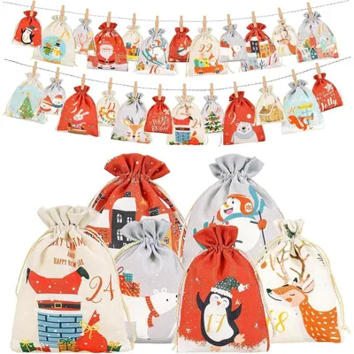 Produktbild von Adventskalender zum Befüllen, 24 Stoff-Säckchen, 2 Größen, Rot/Beige/Grau