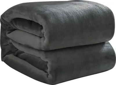 A folded gray blanket is shown.