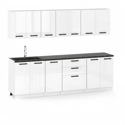 Produktbild von ULWEHOME | Küchenzeile 2,6 m Weiß Hochglanz, Küchenmöbel-Set mit Hängeschränken, 3-Schubladen-Unterschrank & geteilten Arbeitsplatten 180 cm