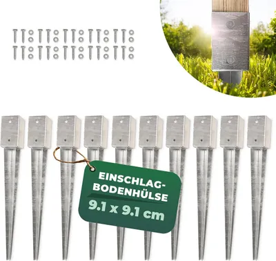 Produktbild von Novatool 10x Einschlagbodenhülsen-Set 71x71x750mm Bodenhülse Sonnenschirm Pfostenträger Zaunpfosten Holzpfosten Bodenhülsen Einschlaghülse Bodenanker Erdspieß zum Einschlagen, verzinkt, mit Schrauben