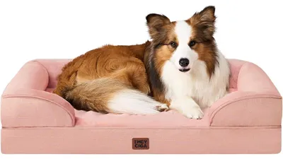Image de Lit orthopédique pour chien, 91x68 cm, en mousse à mémoire de forme, avec un bord surélevé, lavable, imperméable, antidérapant, couleur rose