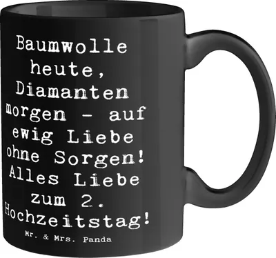 Produktbild von Mr. & Mrs. Panda Tasse Spruch 2. Hochzeitstag Baumwollhochzeit - Schwarz - Geschenk, schöne, Heiraten, Zusammenhalt, Geschenke, Kaffeetasse, Pott, Hochzeit, Zuneigung
