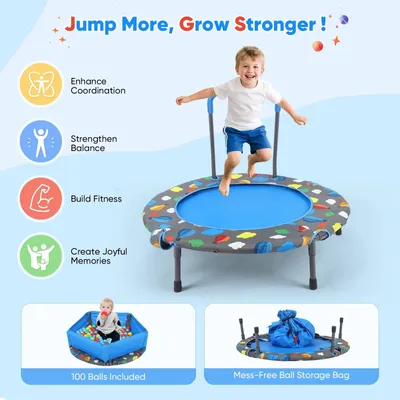 Produktbild von Kindertrampolin 3-in-1 - Faltbares Trampolin 93 cm - Indoor/Outdoor - Mit Ballpool +100 Bälle - Höhenverstellbarer Haltegriff - Für Kleinkinder - Blau