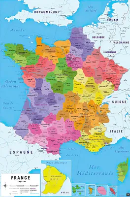 A colorful map of France showing its regions and neighboring countries.