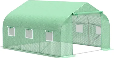 Image de Outsunny Serre Tunnel de Jardin 10,5 m² dim. 3,5L x 3l x 2H m Porte + 6 fenêtres enroulables Acier galvanisé bâche PE Haute densité Vert