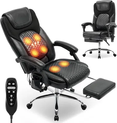 Obrázok produktu pre Ergonomická manažérska stolička z kože s 6-bodovou masážnou funkciou a 3-stupňovým vyhrievaním, s nastaviteľnou výškou, nastaviteľnou opierkou chrbta a výsuvnou podnožkou
